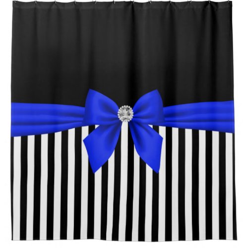 Glam Royal Blue Bow_Pinstripes_Black Shower Curtain