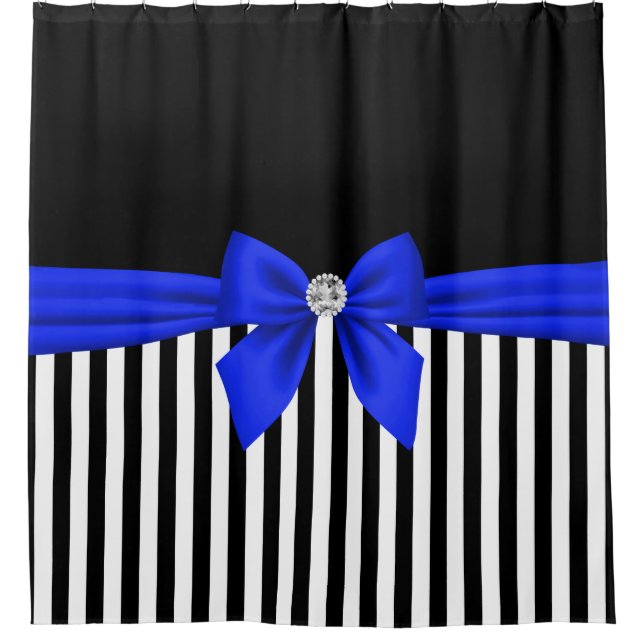 Glam Royal Blue Bow-Pinstripes-Black Shower Curtain (Front)