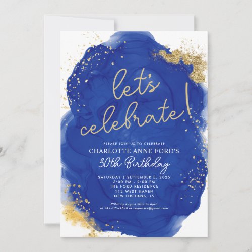 Glam Royal Blue Gold Glitter Alcohol Ink Birthday Invitation