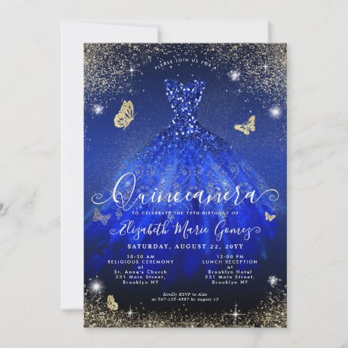 Glam Royal Blue Gold Glitter Gown Quinceanera Invitation