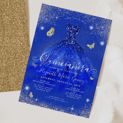 Glam Royal Blue Gold Glitter Gown Quinceanera Invitation
