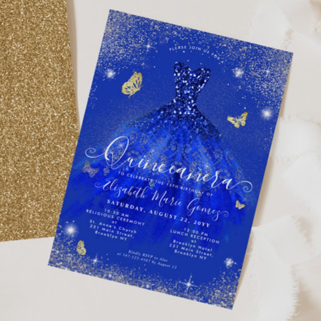 Glam Royal Blue Gold Glitter Gown Quinceanera Invitation (Creator Uploaded)