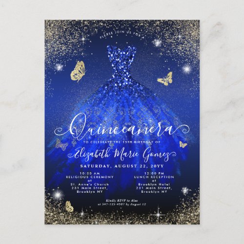 Glam Royal Blue Gold Glitter Gown Quinceanera Postcard