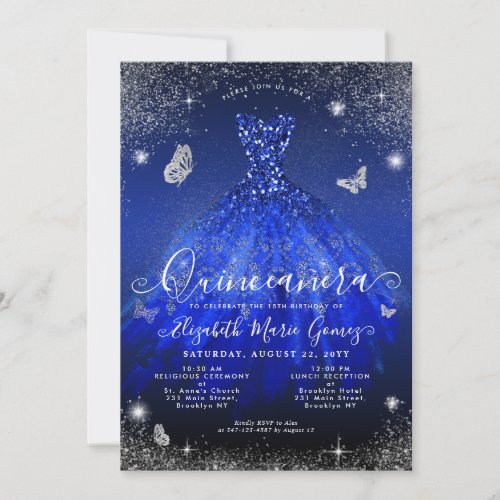 Glam Royal Blue Silver Glitter Gown Quinceanera Invitation