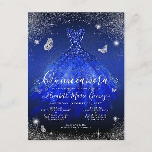 Glam Royal Blue Silver Glitter Gown Quinceanera Postcard