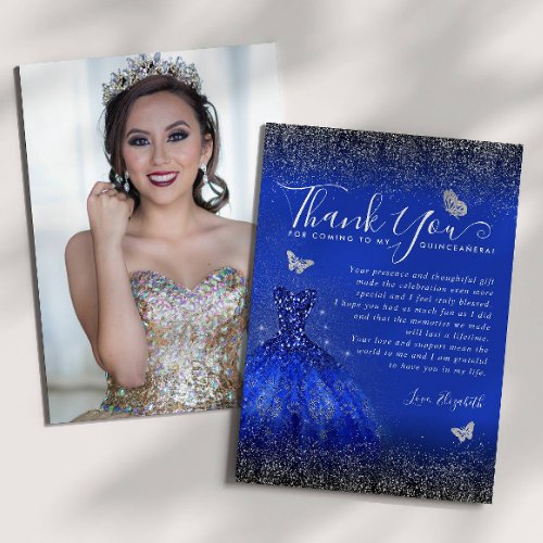Glam Royal Blue Silver Glitter Quinceanera Photo Thank You Card