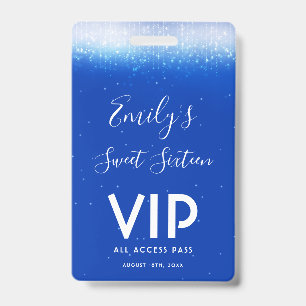Glam Royal Blue Sweet 16 Invitation VIP Pass Badge