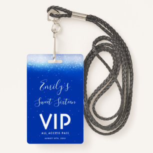 Glam Royal Blue Sweet 16 Invitation VIP Pass Badge