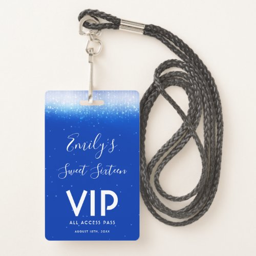 Glam Royal Blue Sweet 16 Invitation VIP Pass Badge