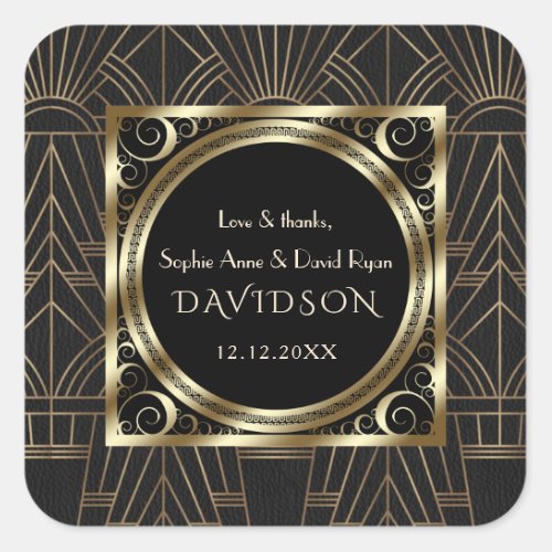 Glam Royal Gold Black Art Deco 20s Wedding Square Sticker