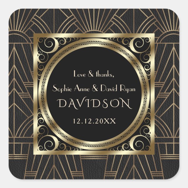 Glam Royal Gold Black Art Deco 20s Wedding Square Sticker (Front)