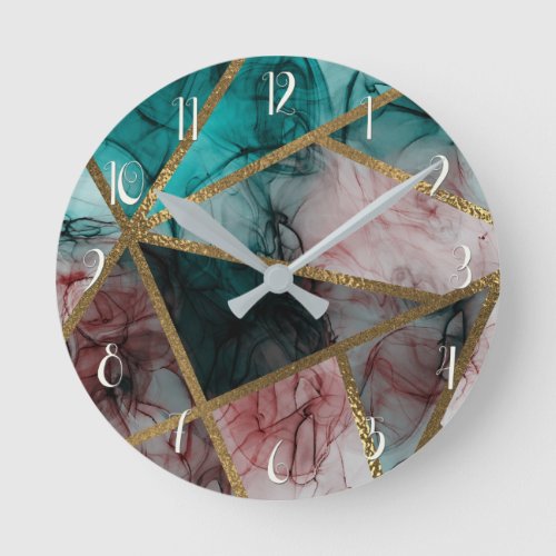 Glam Rust Blush Teal  Gold Chic Modern Glamour Round Clock