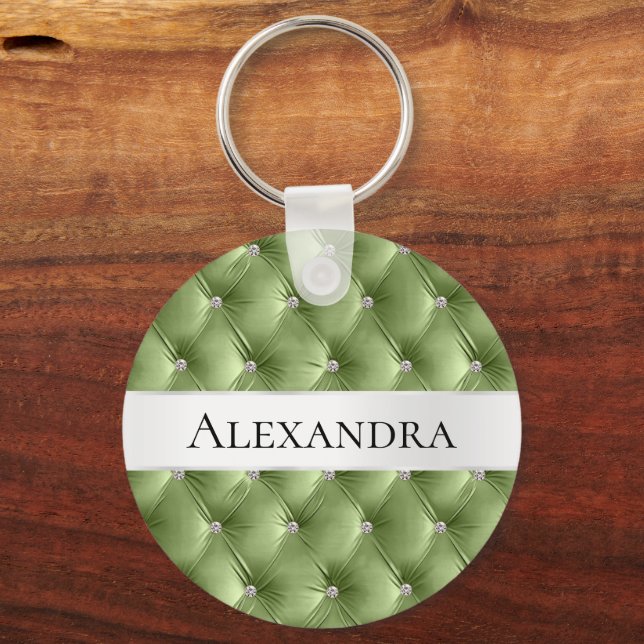 Glam Sage Green faux Velvet Luxury Name Keychain (Front)