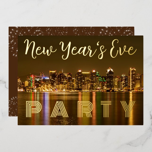 Glam San Diego NYE Party Custom Gold Foil Invitation (Front/Back)