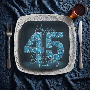 Glam Sapphire Blue & Black Gemstone 45th Birthday Paper Plates