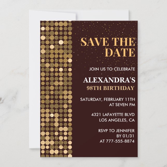 Glam Save the date Gold 98th birthday invitations  (Front)
