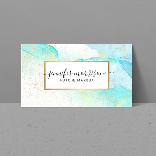 Glam Script Aqua Blue Watercolor Faux Gold Dust Business Card