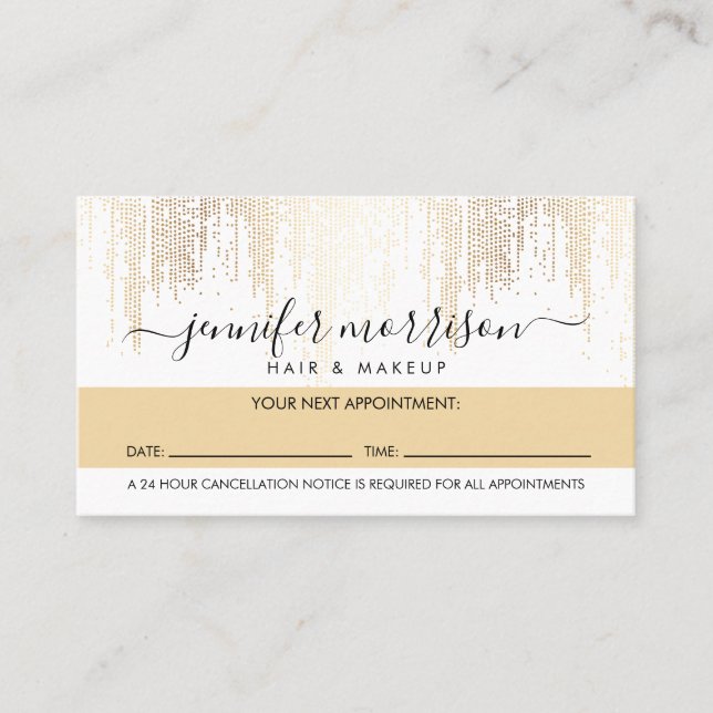 Glam Script Gold Confetti Rain Appointment Card (Front)