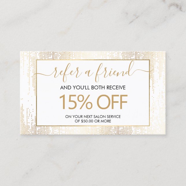 Glam Script Gold Confetti Rain Referral Business Card (Front)