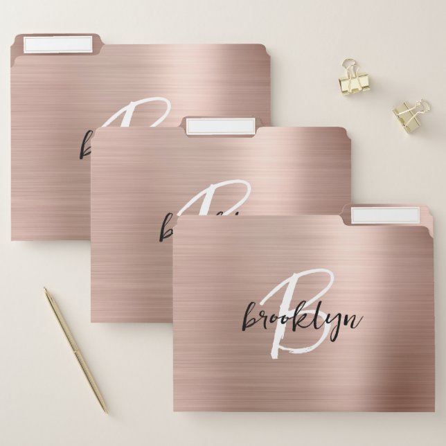 Glam Script Monogram Rose Gold Black White File Folder (Set)