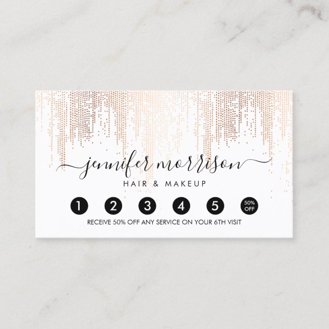 Glam Script Rose Gold Confetti Rain Loyalty Card (Front)