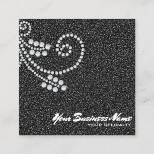 ~ Glam Scroll Diamonds Black Glitter Bling Luxe  Square Business Card