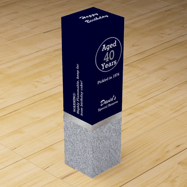 Glam Silver and Navy Blue Custom Birthday Wine Box (Front)