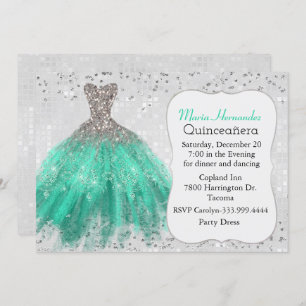 Glam Silver and Teal Gown Quinceañera Invitation