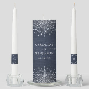 Glam silver art deco navy denim vintage wedding unity candle set