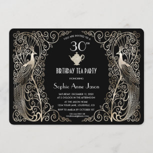 Glam Silver Art Deco Peacocks Birthday Tea Party Invitation
