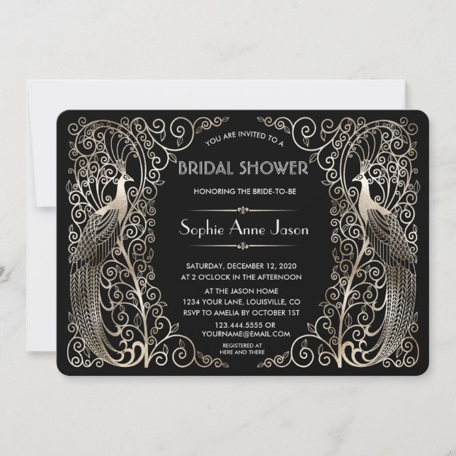 Glam Silver Art Deco Peacocks Bridal Shower Invitation (Front)