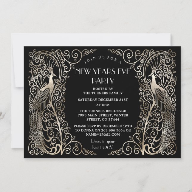 Glam Silver Art Deco Peacocks New Year's Eve Invitation (Front)