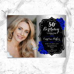 Glam Silver Black Royal Blue Photo 50th Birthday Invitation<br><div class="desc">Elegant floral feminine 50th birthday invitation with your photo. Glam design with faux silver. Features royal blue roses,  script font and confetti. Perfect for a stylish adult bday celebration party. Personalise with your own details. Can be customised for any age! Printed Zazzle invitations or instant download digital printable template.</div>