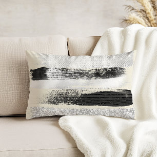 Glam Silver Black White Brushstrokes Ecru Accent Pillow