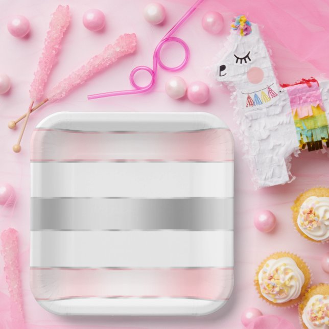 Glam Silver Blush Pink Ribbon Birthday Paper Plates (Party)