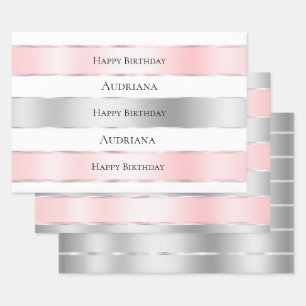 Glam Silver Blush Pink Ribbon Birthday Wrapping Paper Sheets