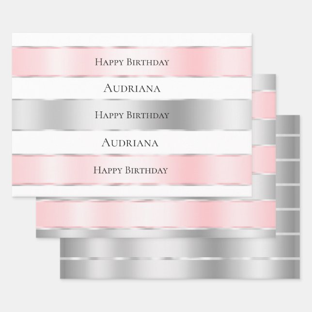 Glam Silver Blush Pink Ribbon Birthday Wrapping Paper Sheets (Set)