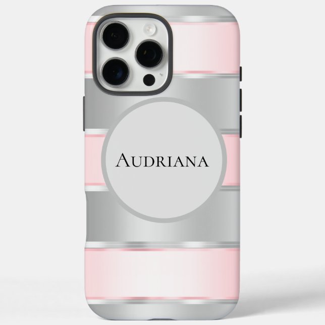 Glam Silver Blush Pink Ribbon Name Case-Mate iPhone Case (Back)