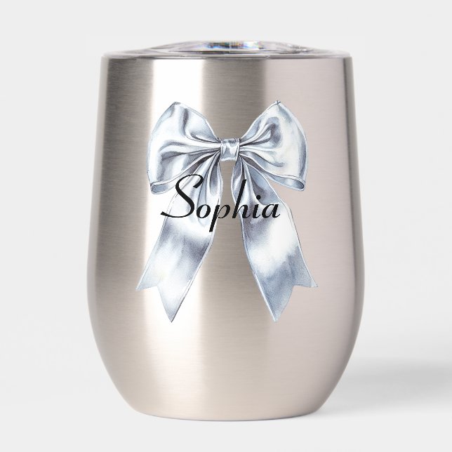 Glam Silver Bow Thermal Wine Tumbler (Front)