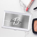 Glam Silver Brushed Metal Black White Monogram Business Card Case<br><div class="desc">This trendy modern business card case features a monogram and first name in black and white script on a stylish silver faux brushed metal background.</div>