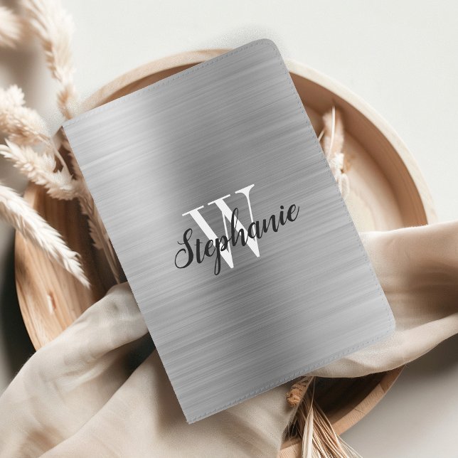 Glam Silver Brushed Metal Monogram Passport Holder (Creator Uploaded)