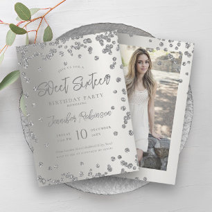 Glam Silver Chic Glitter Photo Sweet 16 Invitation