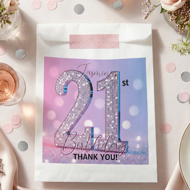 Glam Silver Diamond Sparkle Pink 21st Birthday Favor Bag (Creator Uploaded)