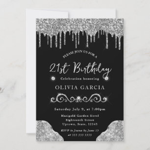 Glam Silver Dripping Glitter 21st Birthday Invitation
