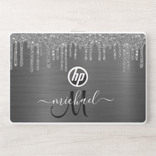 Glam Silver Dripping Glitter Personalized Monogram HP Laptop Skin