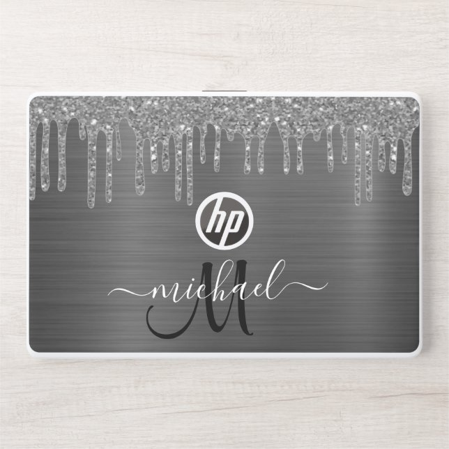 Glam Silver Dripping Glitter Personalized Monogram HP Laptop Skin (Front)