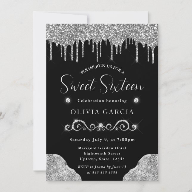 Glam Silver Dripping Glitter Sweet 16 Invitation (Front)