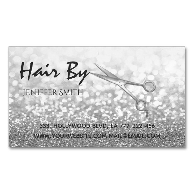 Glam silver elegant modern bokeh scissors business card magnet (Front)