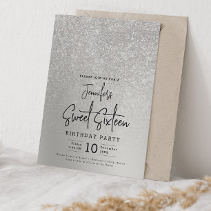 Glam Silver Faux Glitter Sparkle Sweet 16 Party Invitation