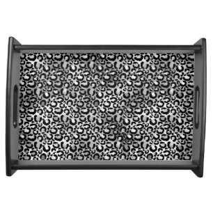 Glam Silver Foil Black Leopard Spots Animal Print Serving Tray